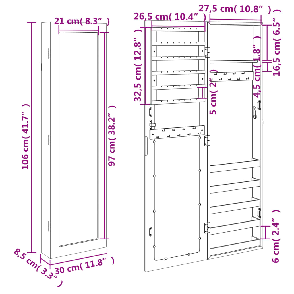 Mirror Jewellery Cabinet Wall Mounted 30x8,5x106 cm