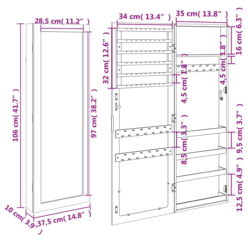 Mirror Jewellery Cabinet Wall Mounted Black 37,5x10x106 cm