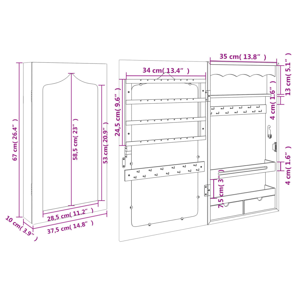 Mirror Jewellery Cabinet Wall Mounted White 37,5x10x67 cm