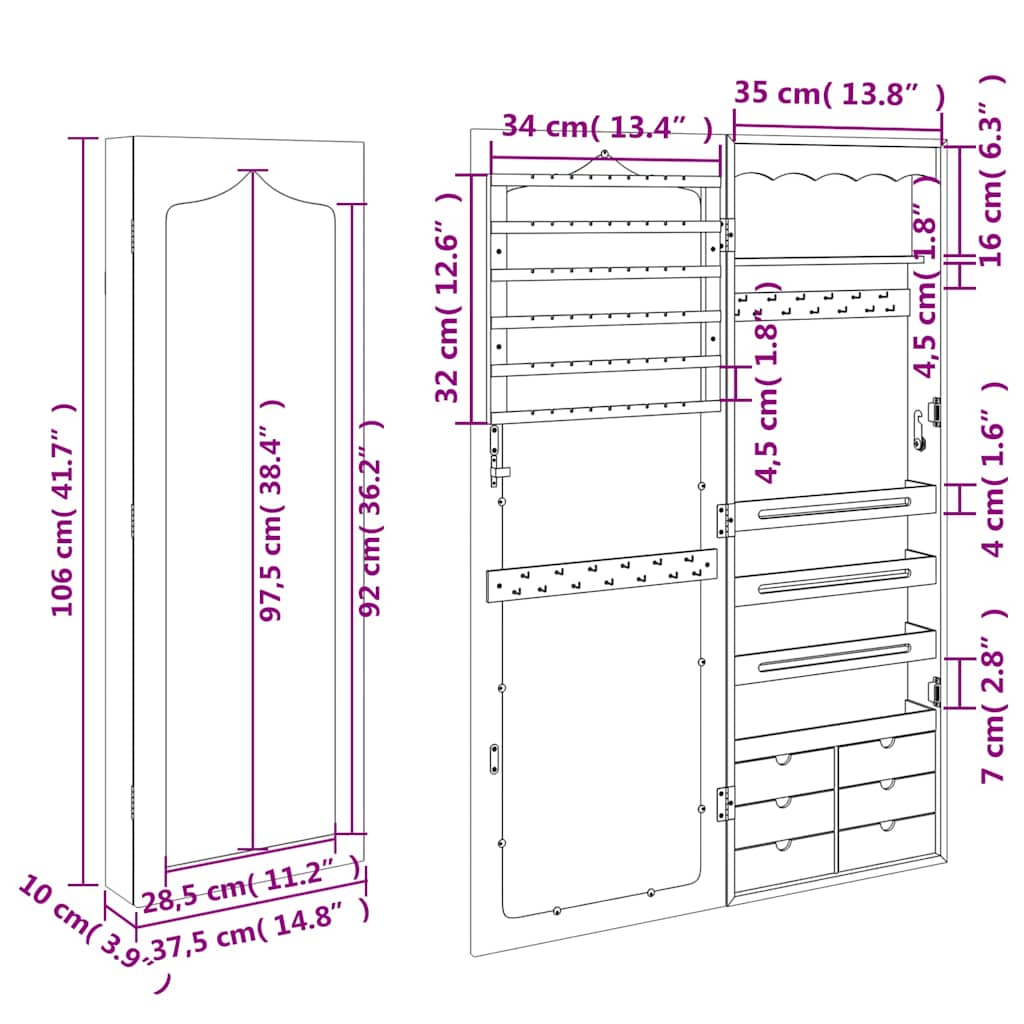 Mirror Jewellery Cabinet Wall Mounted White 37,5x10x106 cm