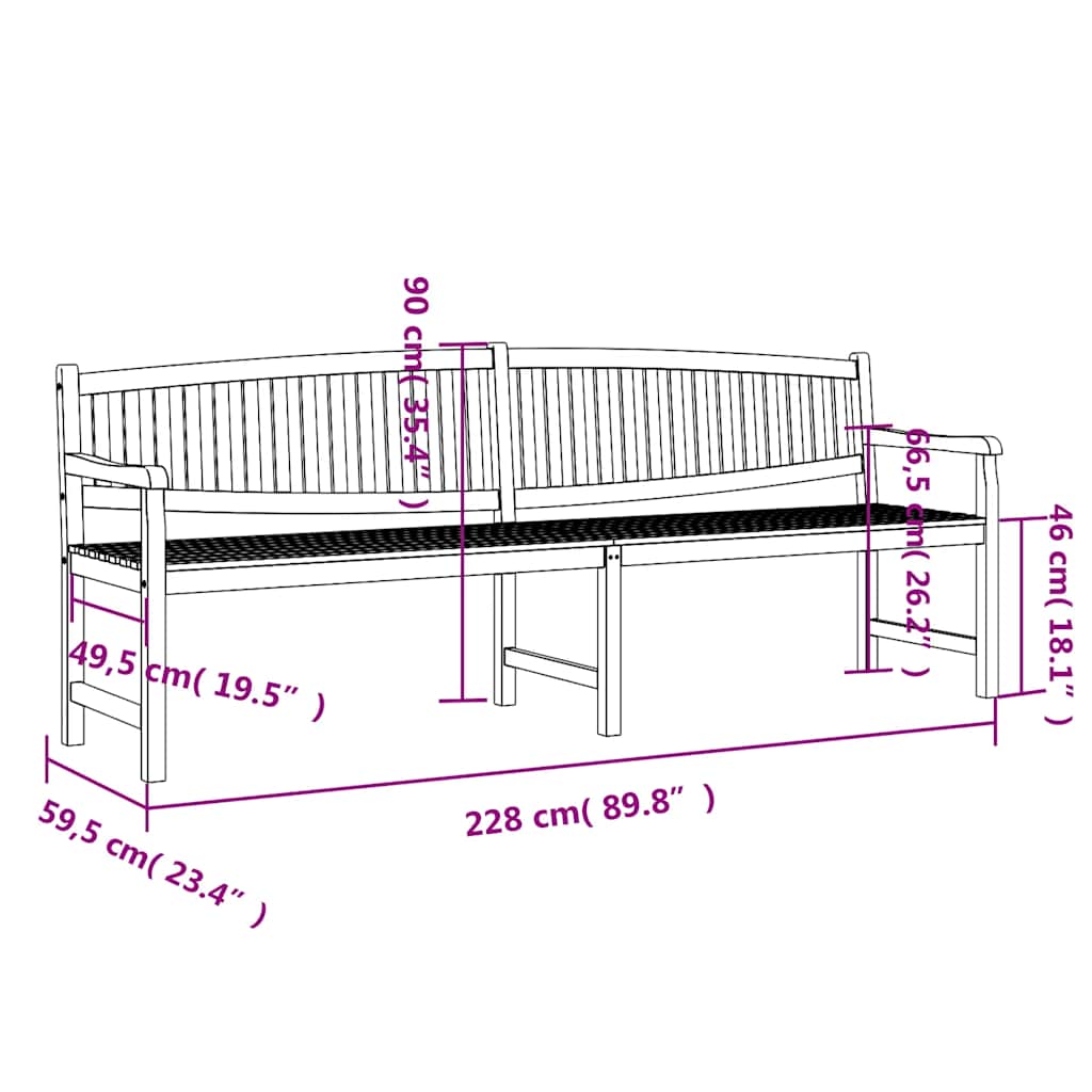 Garden Bench 228x59,5x90 cm Solid Teak Wood