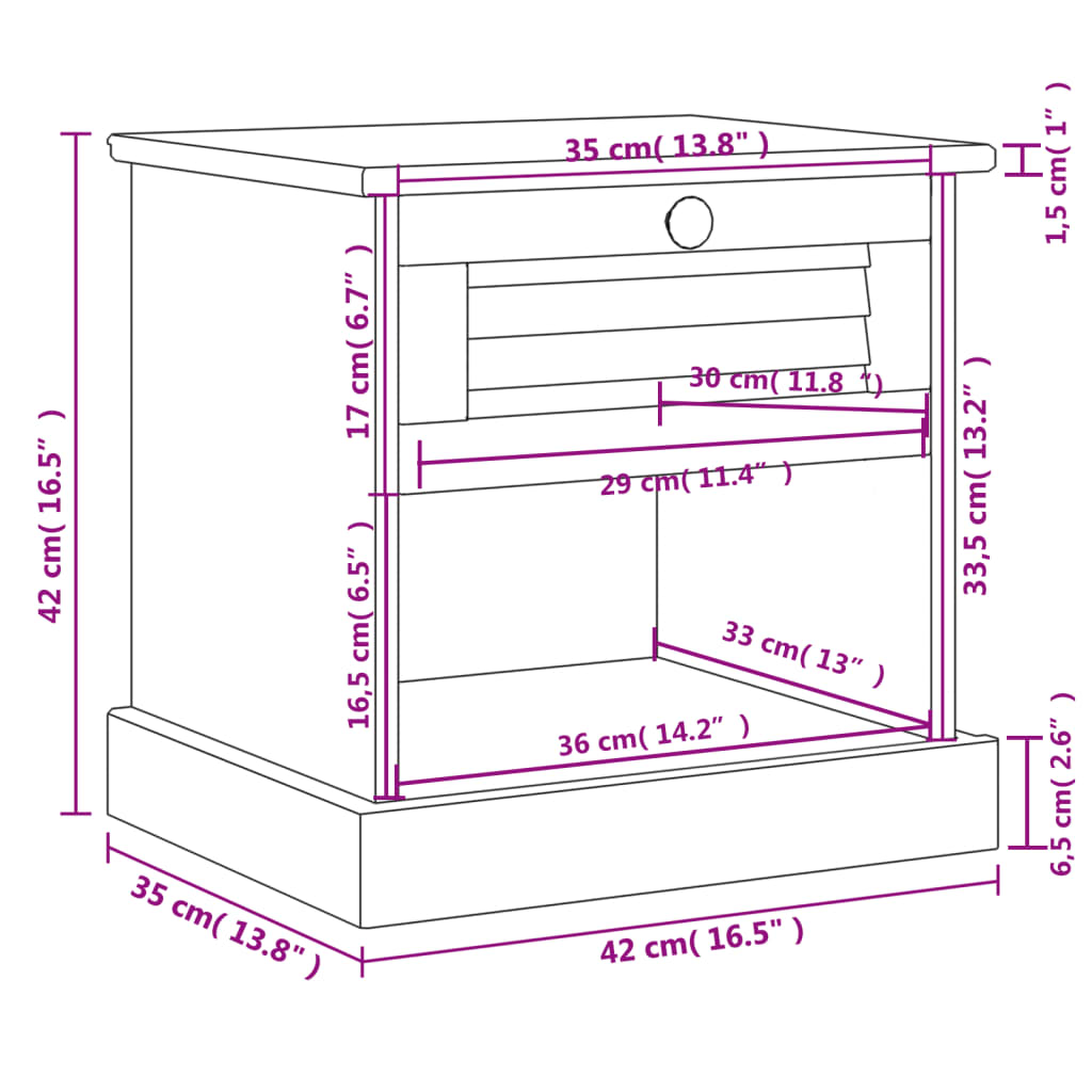 Bedside Cabinet "VIGO" 42x35x42 cm Solid Wood Pine
