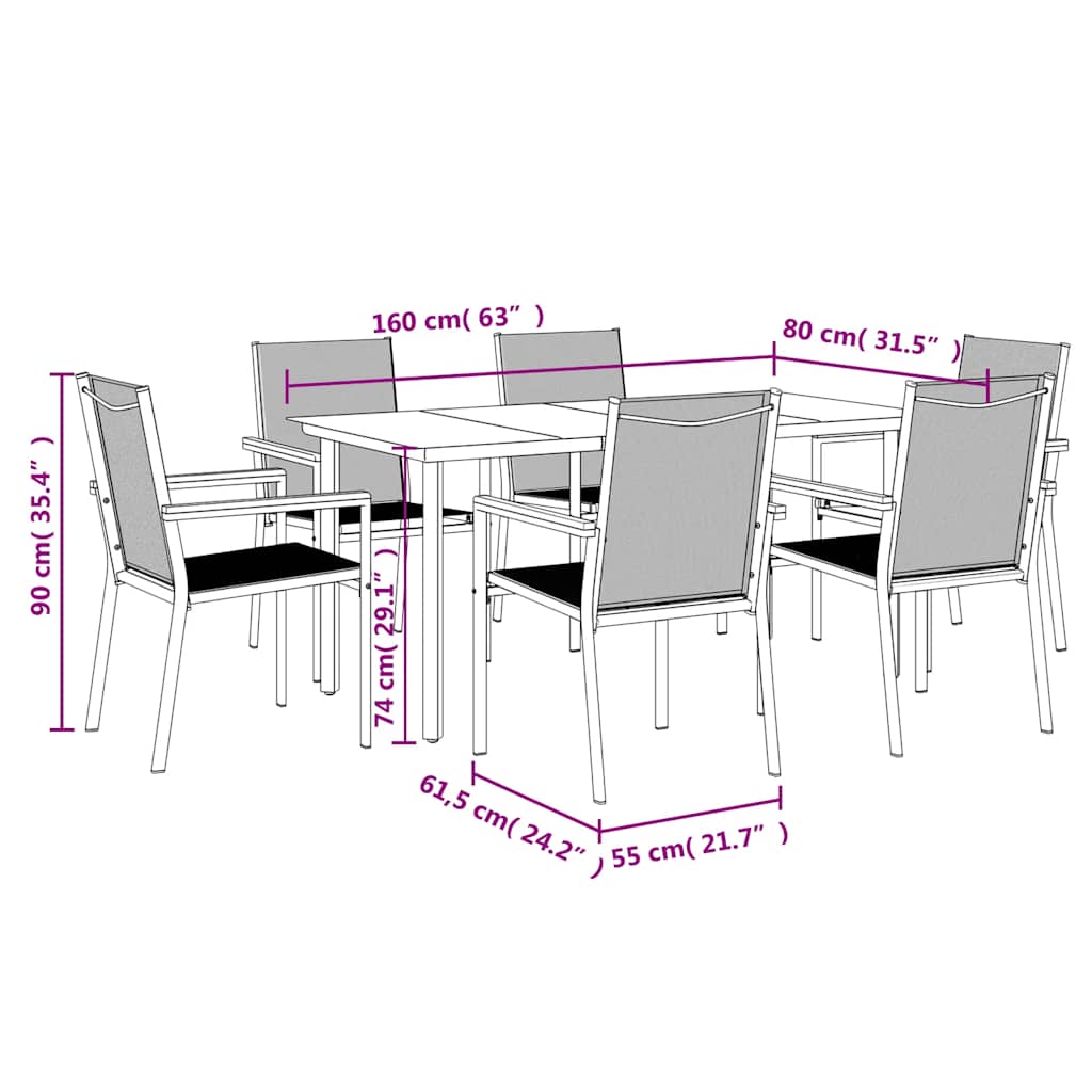 7 Piece Garden Dining Set Black Textilene and Steel