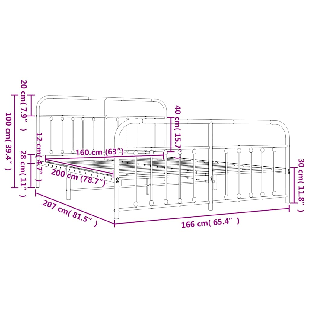Bed Frame | White | Steel | Double | Bed Frame | Rectangular