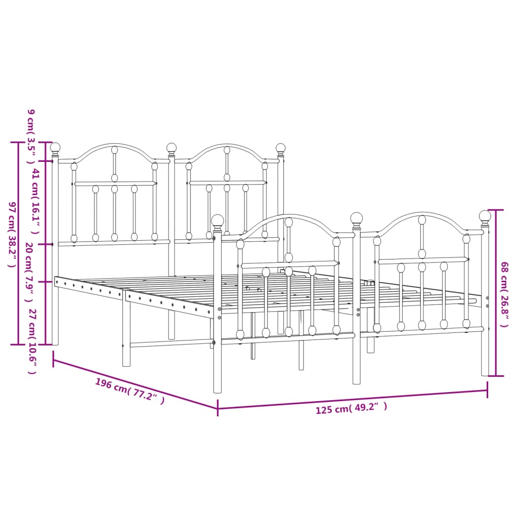 Metal Bed Frame without Mattress with Footboard Black 120x190cm