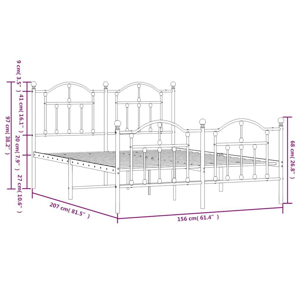 Metal Bed Frame without Mattress with Footboard Black 150x200cm