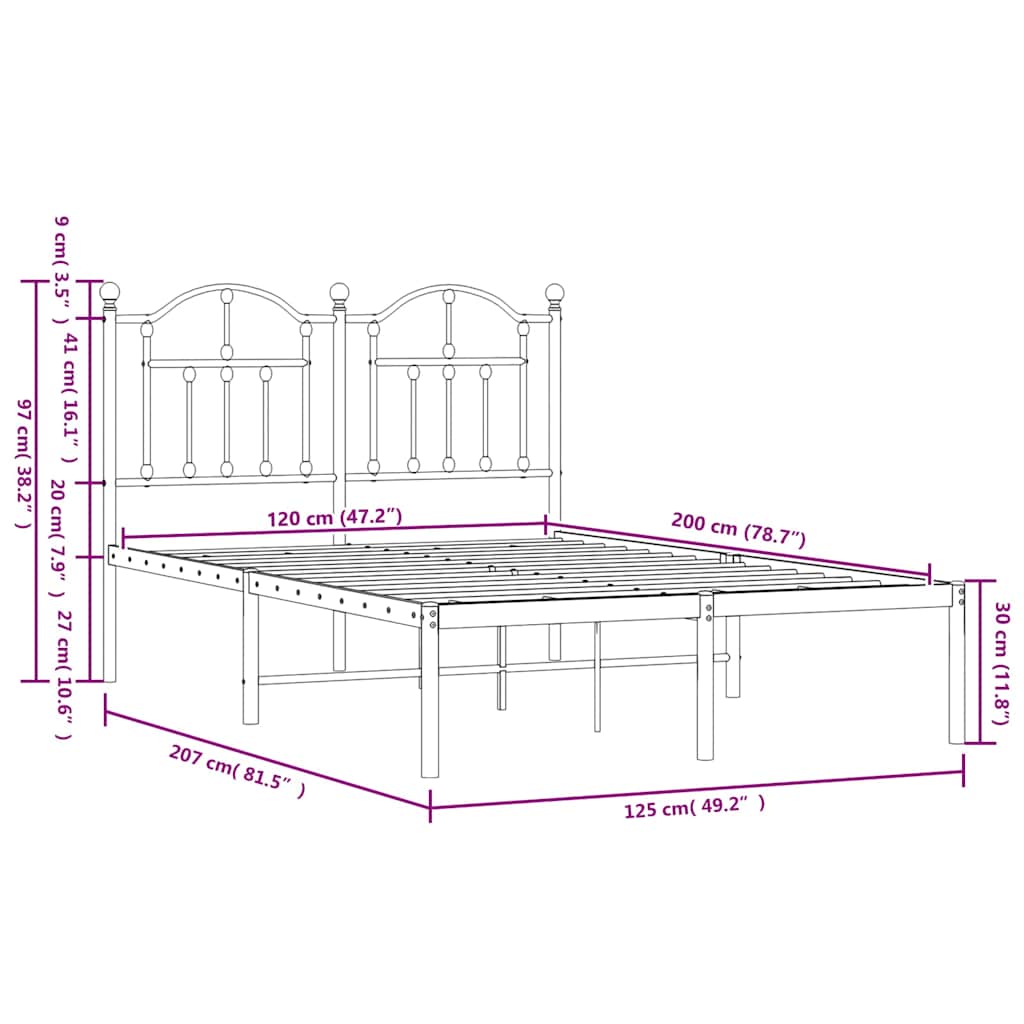 Metal Bed Frame without Mattress with Headboard White 120x200cm