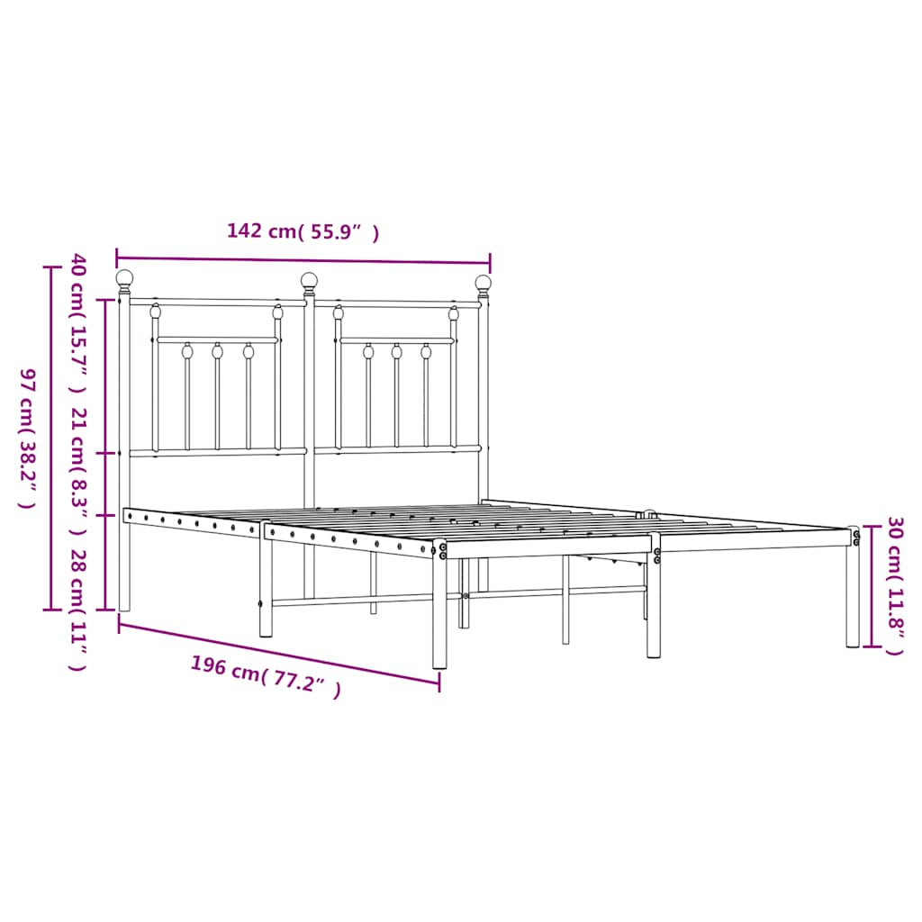 Metal Bed Frame without Mattress with Headboard Black 135x190cm