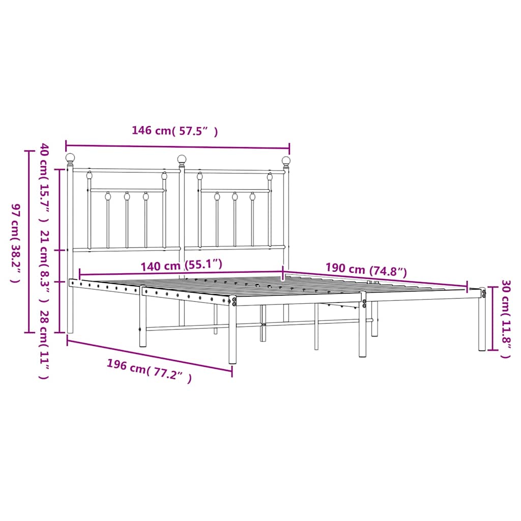 Metal Bed Frame without Mattress with Headboard White 140x190cm