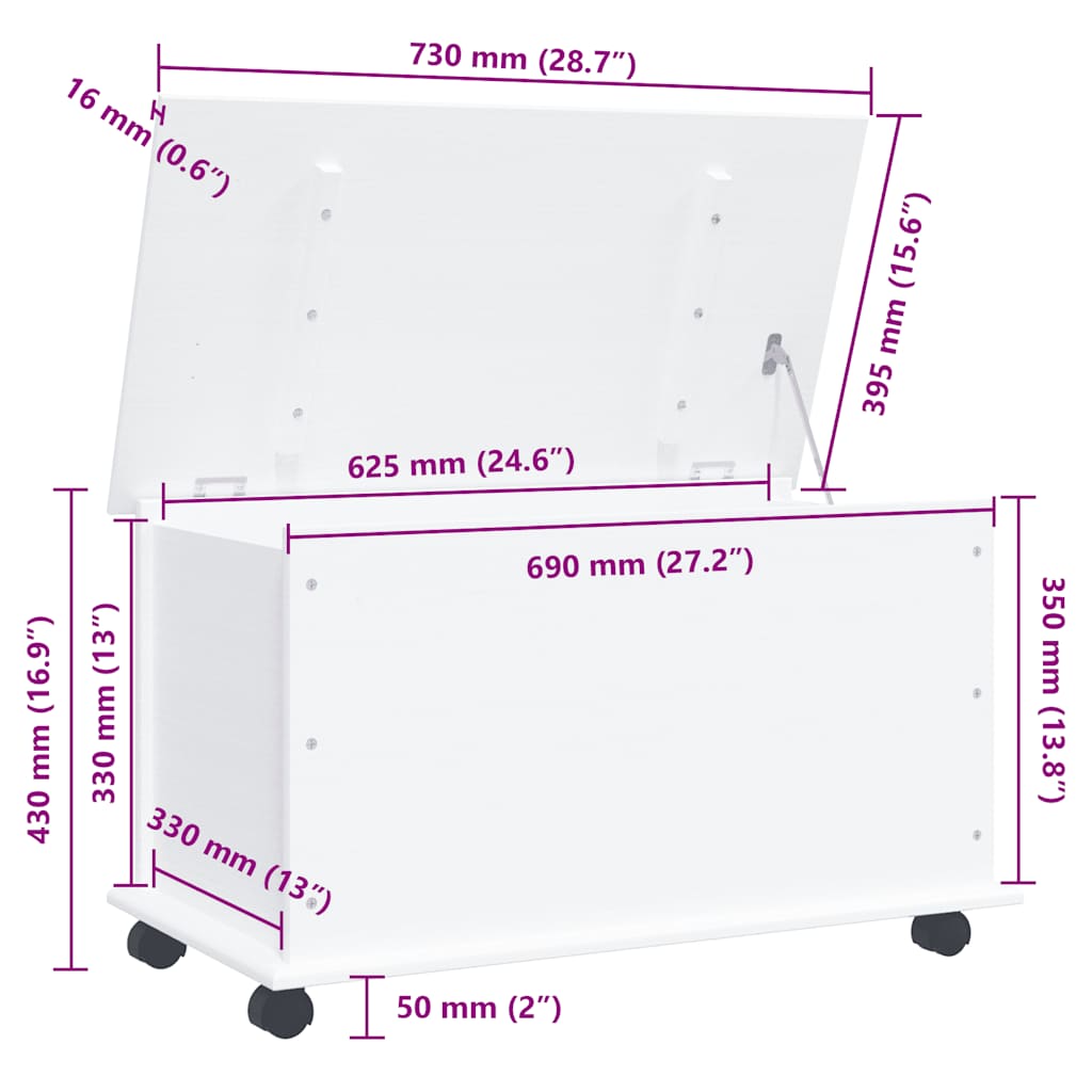 Storage Chest with Wheels ALTA White 73x39.5x43 cm Solid Wood Pine