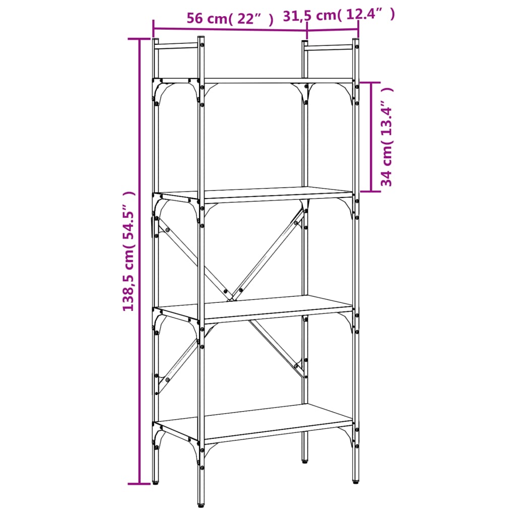 Bookcase 4-Tier Black 56x31,5x138,5 cm Engineered Wood