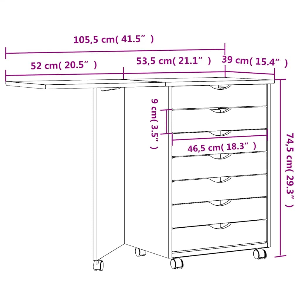 Rolling Cabinet with Desk "MOSS" White Solid Wood Pine