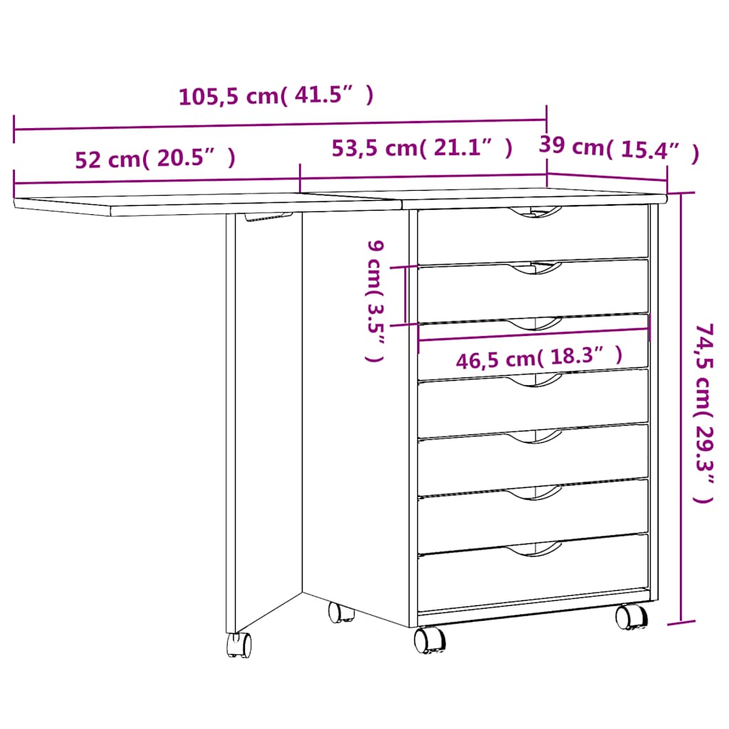 Rolling Cabinet with Desk "MOSS" Grey Solid Wood Pine