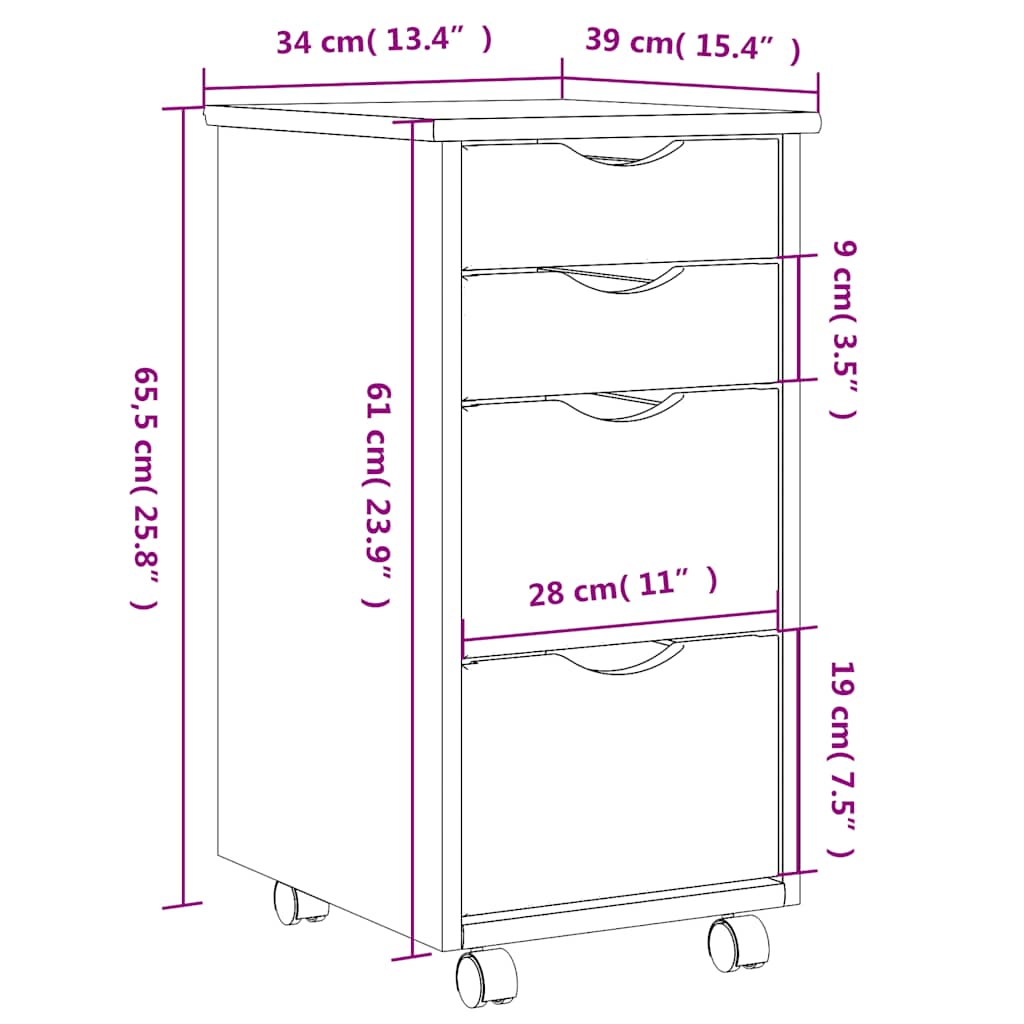 Rolling Cabinet with Drawers "MOSS" Honey Brown Solid Wood Pine