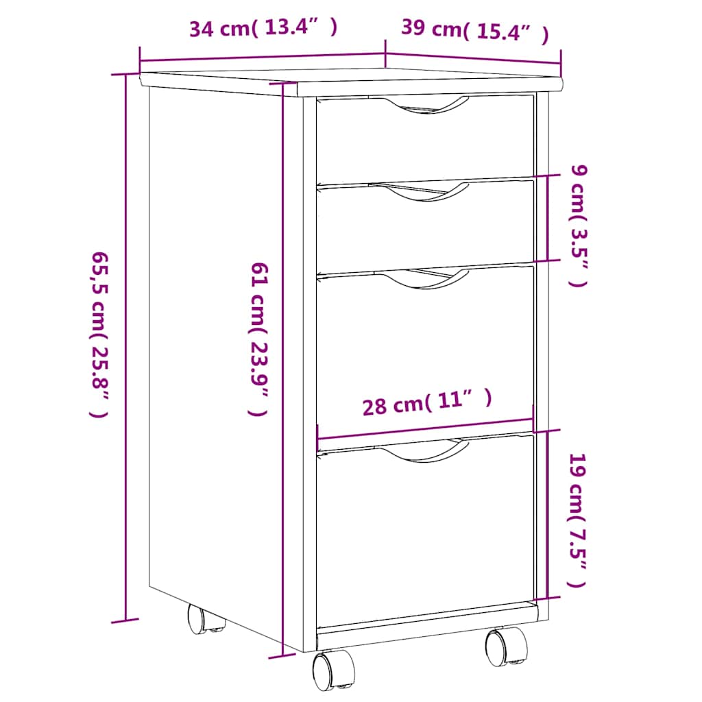 Rolling Cabinet with Drawers "MOSS" White Solid Wood Pine