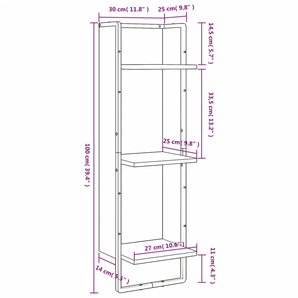 3-Tier Wall Shelf Grey Sonoma 30x25x100 cm Engineered Wood
