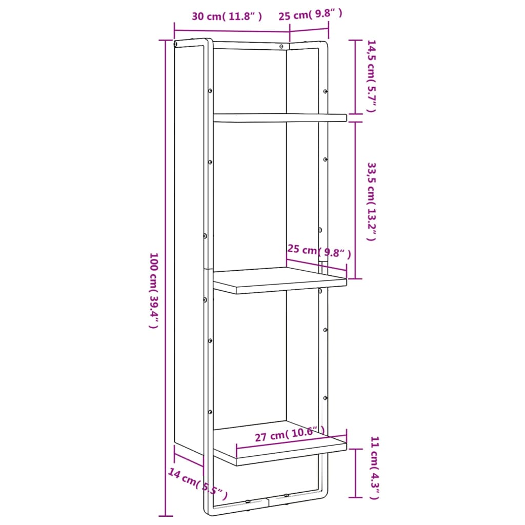 3-Tier Wall Shelf Brown Oak 30x25x100 cm Engineered Wood