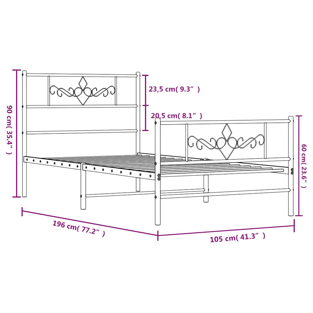 Metal Bed Frame without Mattress with Footboard Black 100x190cm