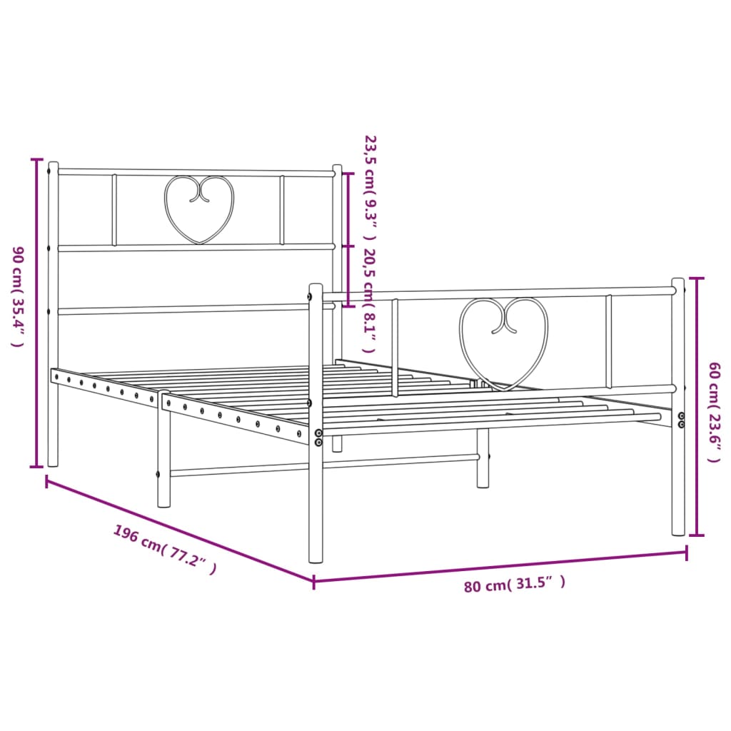 Metal Bed Frame without Mattress with Footboard White 75x190cm