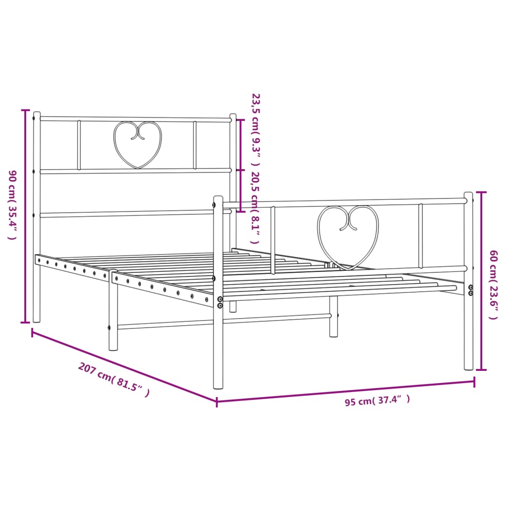 Metal Bed Frame without Mattress with Footboard White 90x200cm
