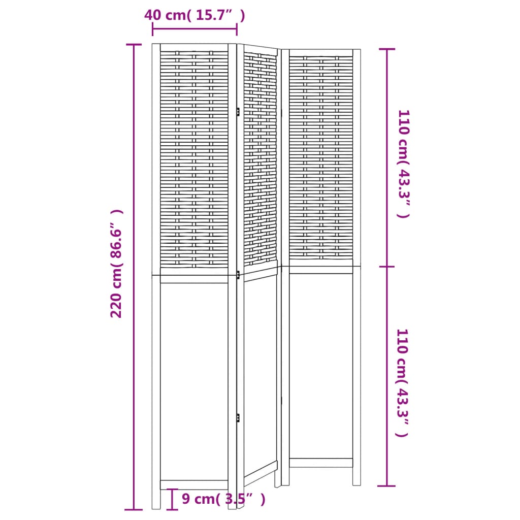 Room Divider 3 Panels Dark Brown Solid Wood Paulownia