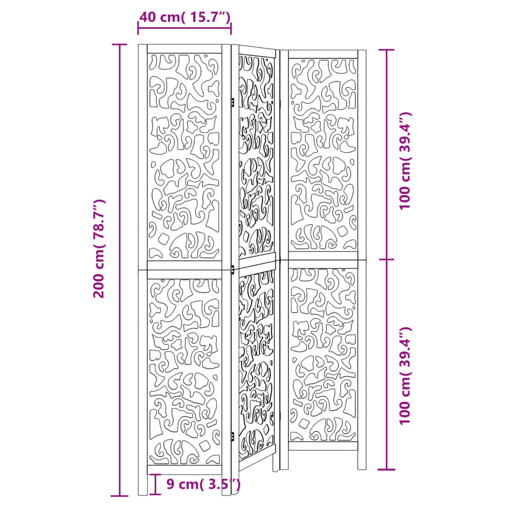 Room Divider 3 Panels Black Solid Wood Paulownia