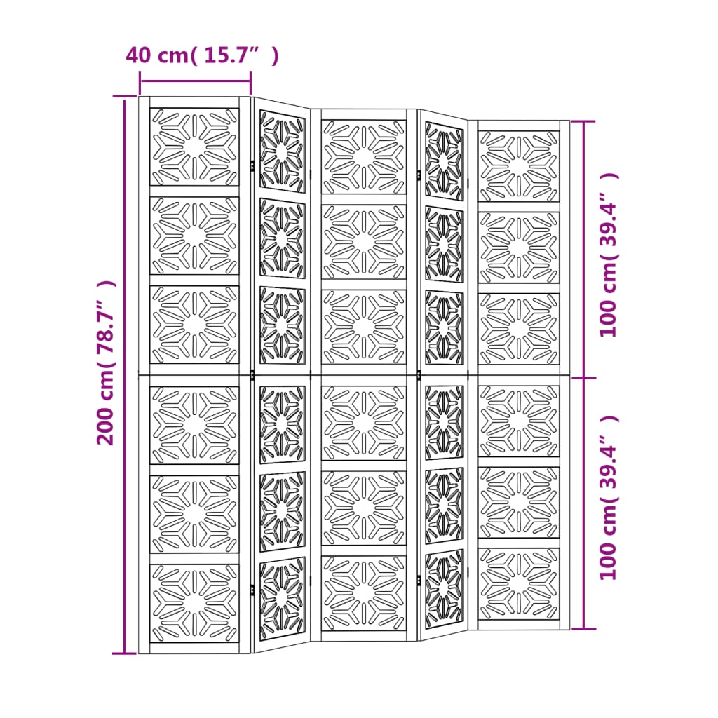 Room Divider 5 Panels Brown and Black Solid Wood Paulownia