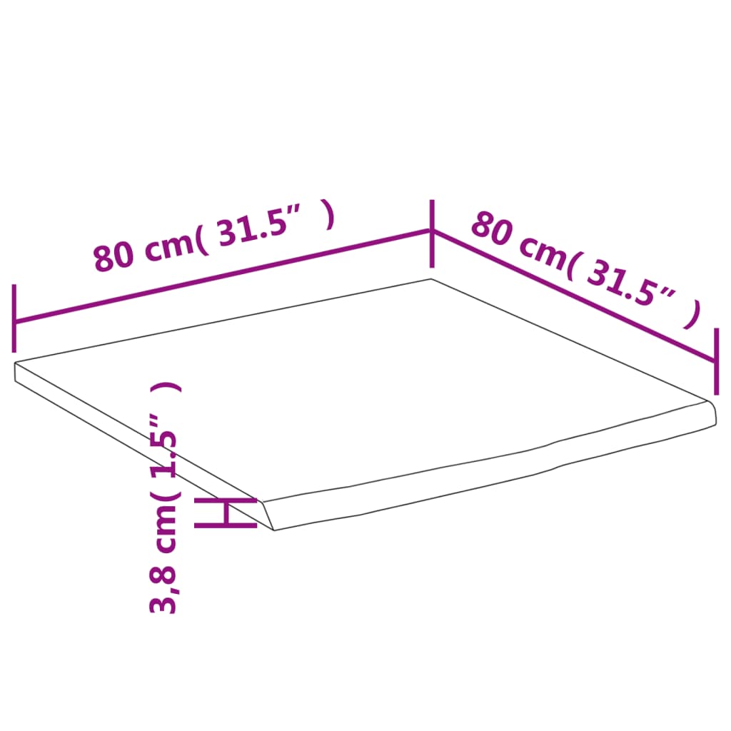 Desk Top 80x80x3,8 cm Square Solid Wood Acacia Live Edge