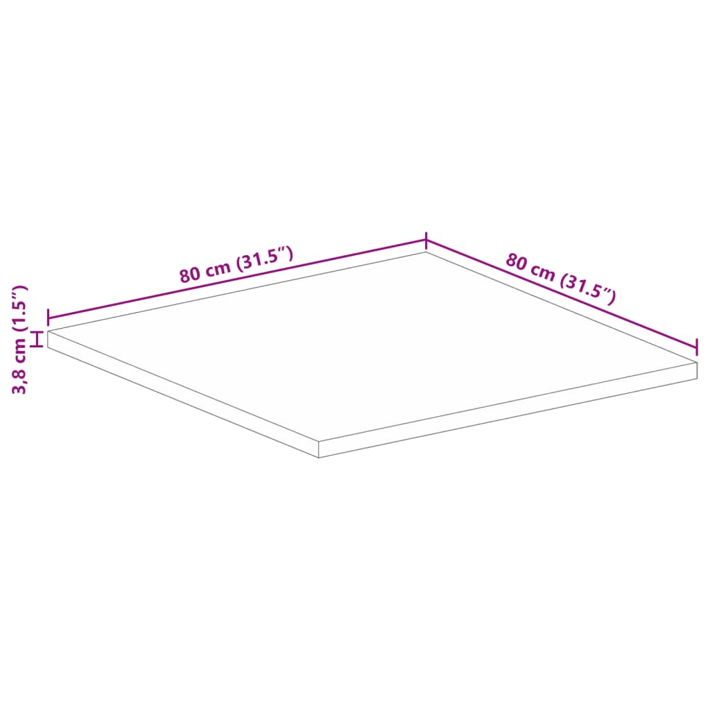 Table Top 80x80x3,8 cm Square Solid Wood Rough Mango