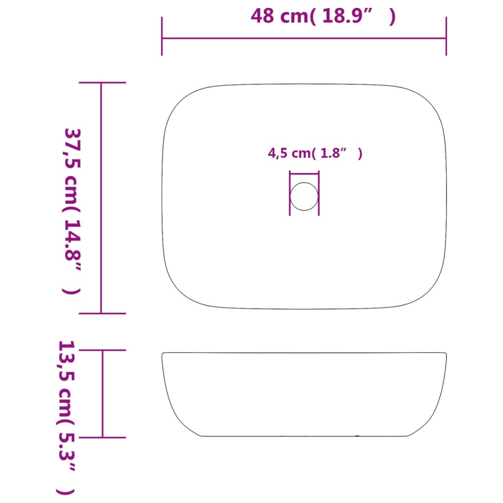 Countertop Basin Grey Rectangular 48x37,5x13,5 cm Ceramic