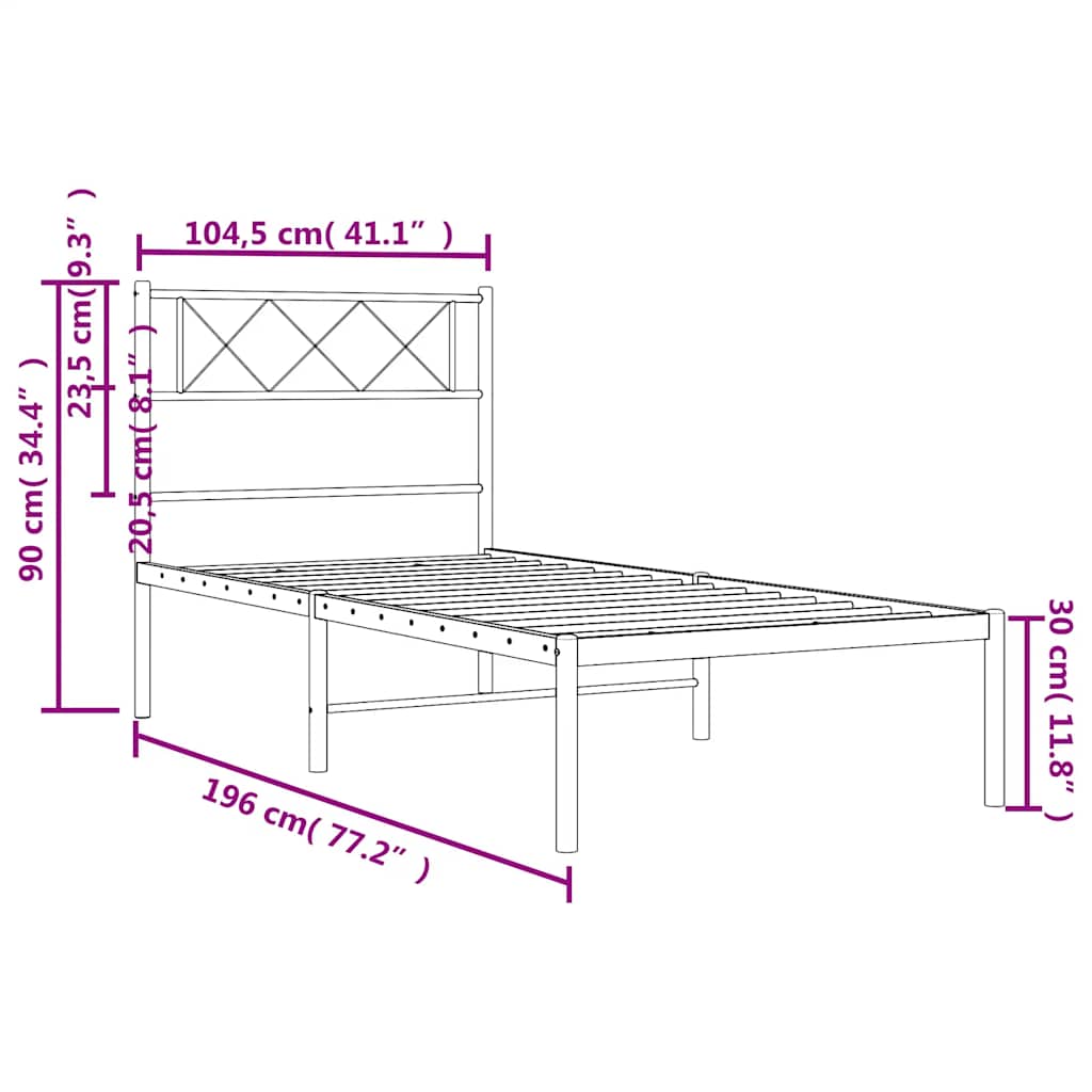 Metal Bed Frame without Mattress with Headboard Black 100x190cm