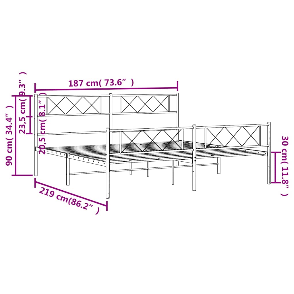 Metal Bed Frame without Mattress with Footboard White 183x213cm