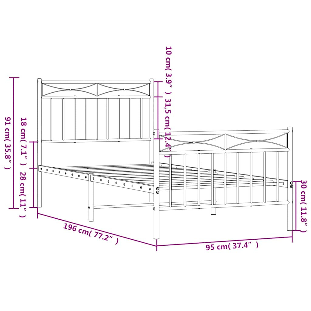 Metal Bed Frame without Mattress with Footboard White 90x190cm