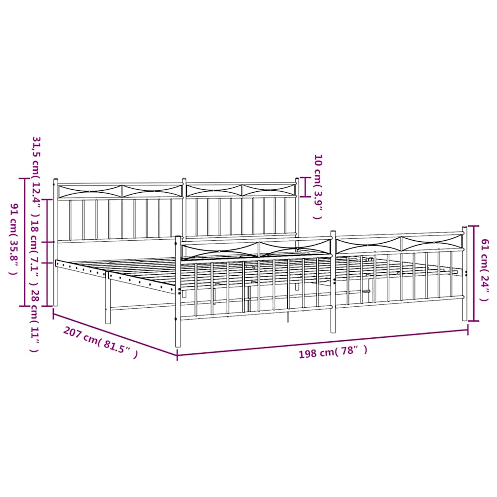 Metal Bed Frame without Mattress with Footboard White 193x203cm