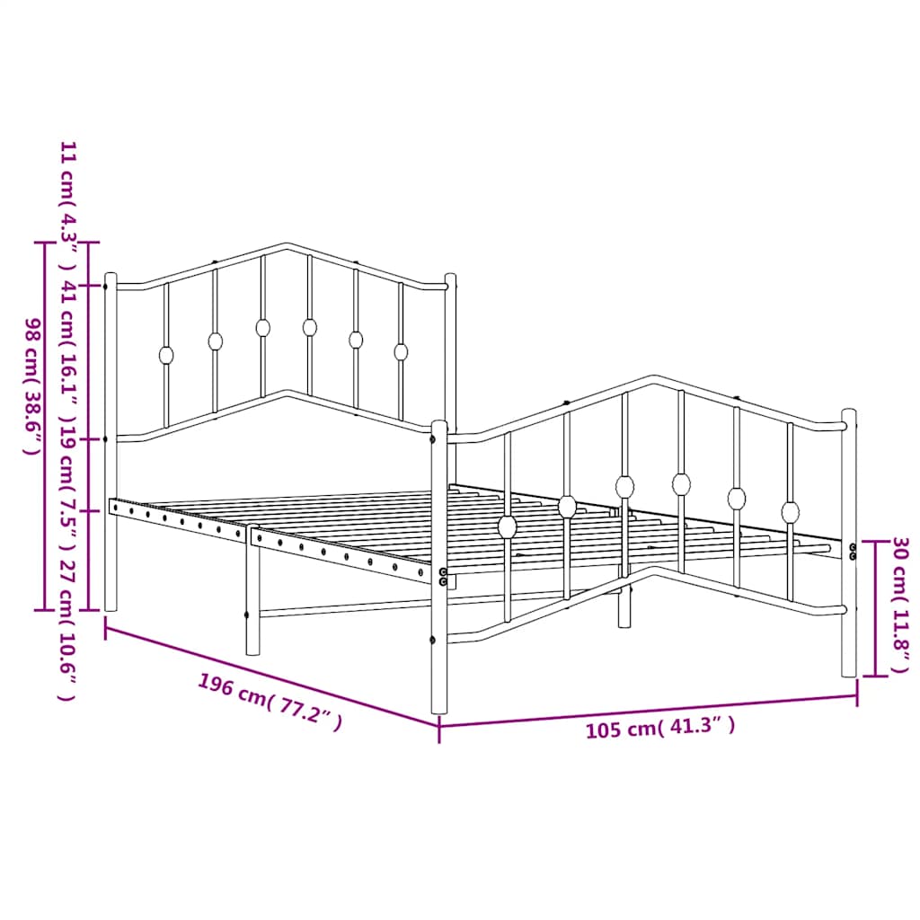 Metal Bed Frame without Mattress with Footboard Black 100x190cm