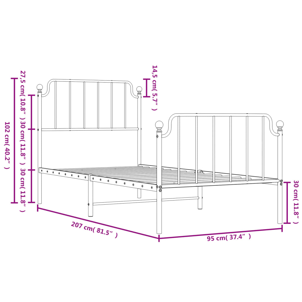Metal Bed Frame without Mattress with Footboard White 90x200cm