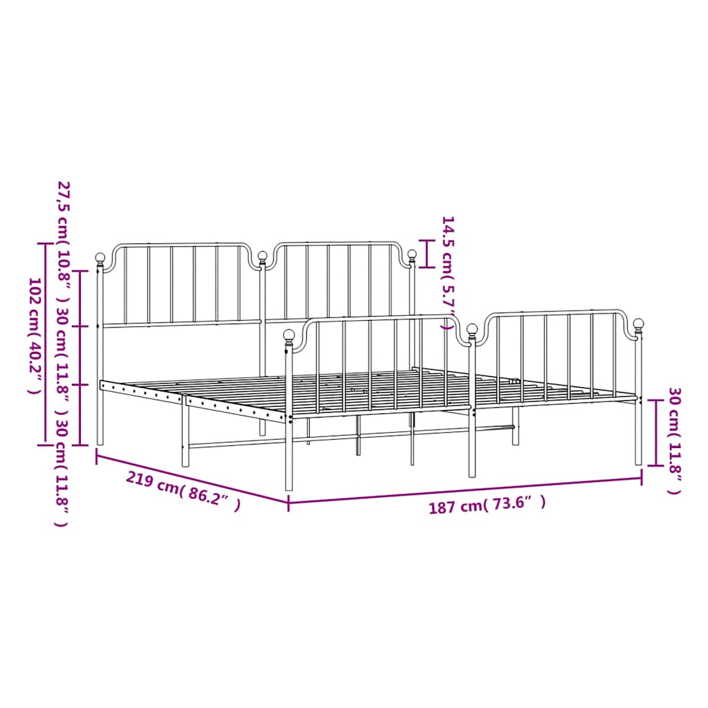 Metal Bed Frame without Mattress with Footboard White 183x213cm
