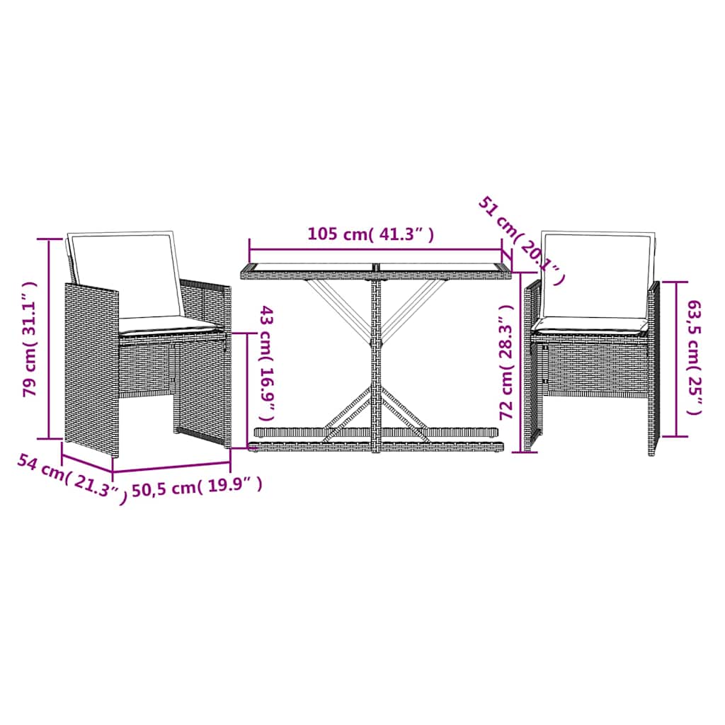 3 Piece Bistro Set with Cushions Black Poly Rattan