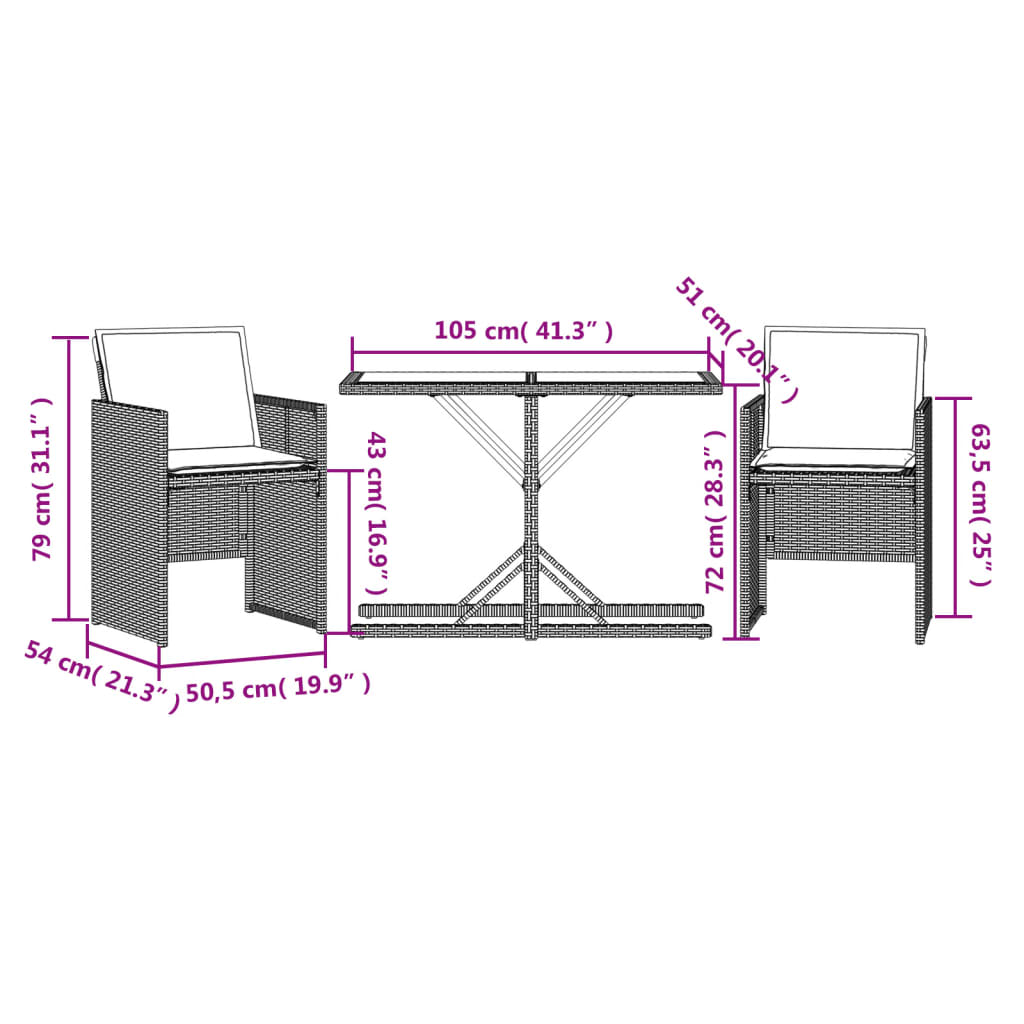 3 Piece Bistro Set with Cushions Beige Poly Rattan