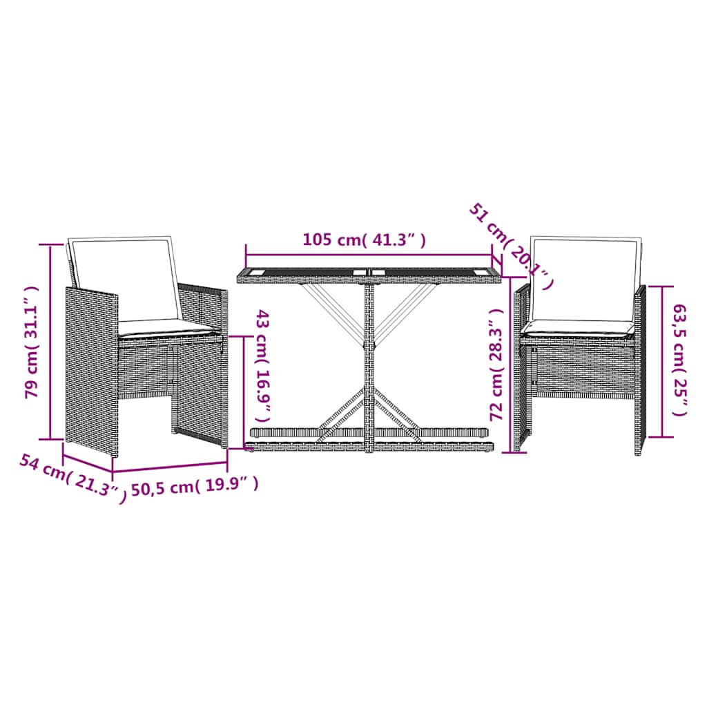 3 Piece Bistro Set with Cushions Grey Poly Rattan