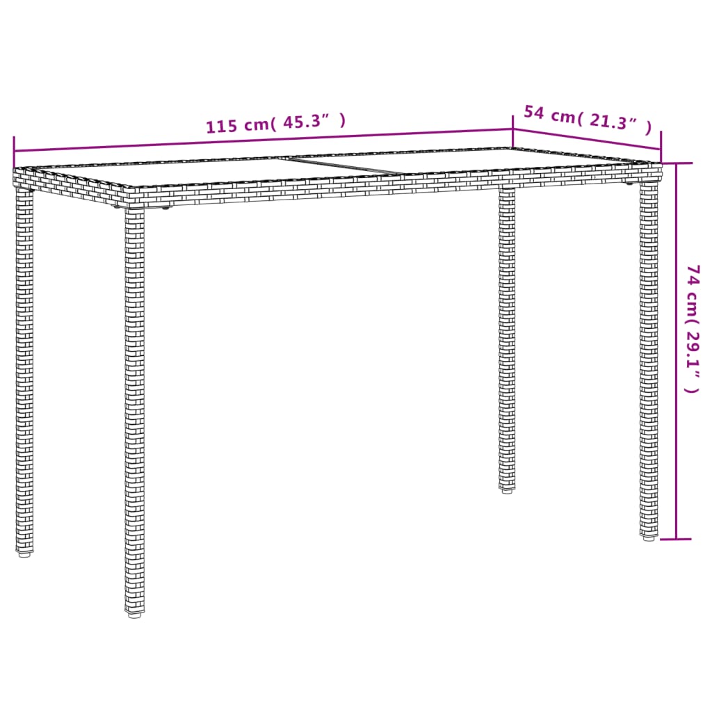 Garden Table with Glass Top Brown 115x54x74 cm Poly Rattan