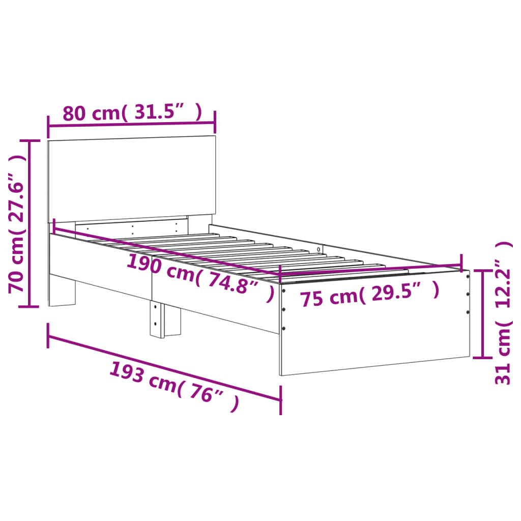 Bed Frame without Mattress with Headboard Grey Sonoma 75x190 cm Small Single