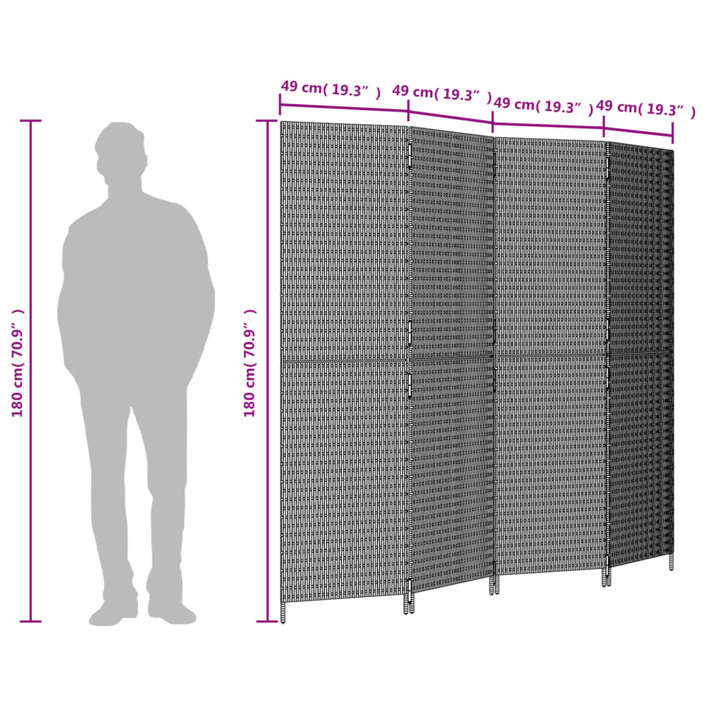 Room Divider 4 Panels Brown Poly Rattan