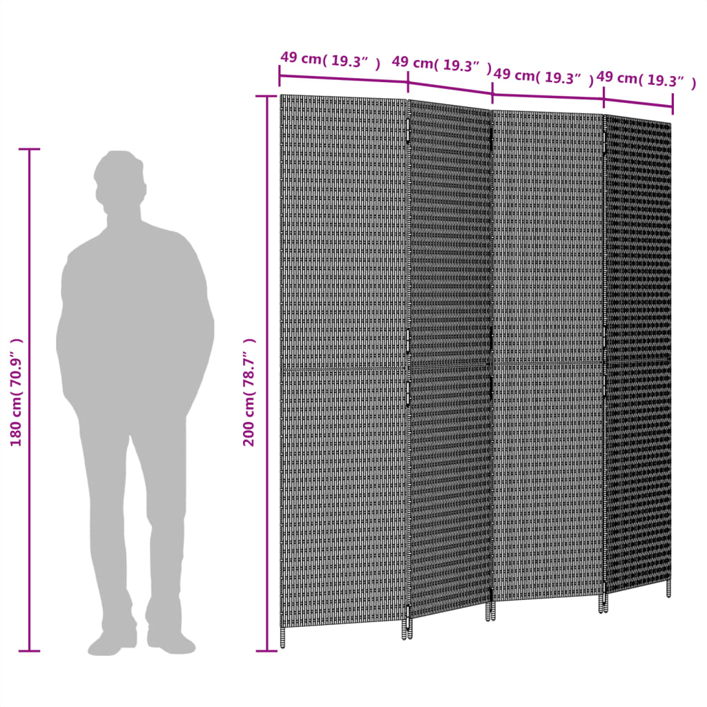Room Divider 4 Panels Black Poly Rattan