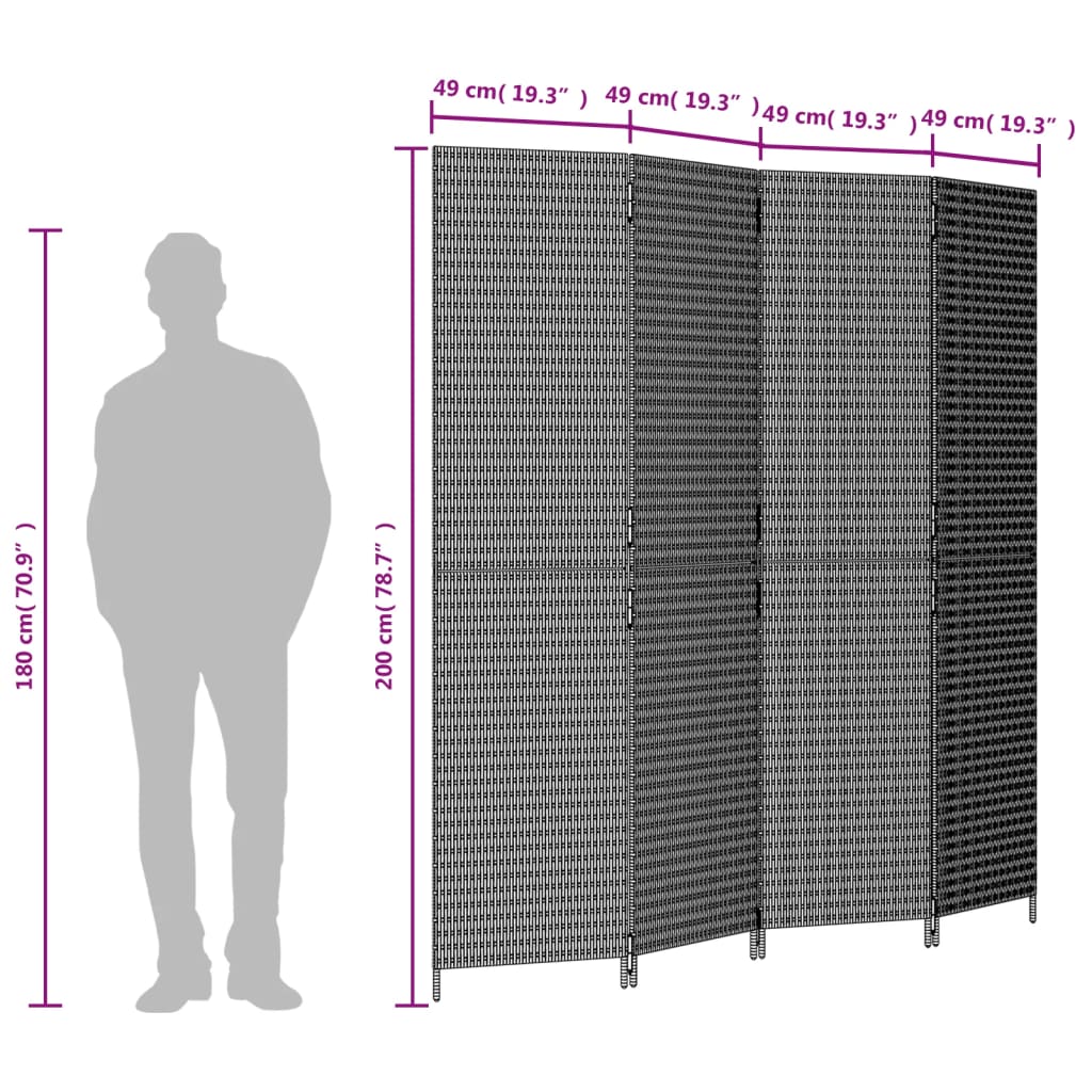 Room Divider 4 Panels Brown Poly Rattan
