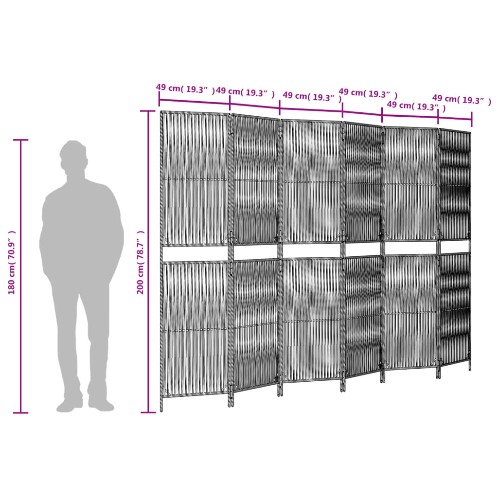 Room Divider 6 Panels Grey Poly Rattan