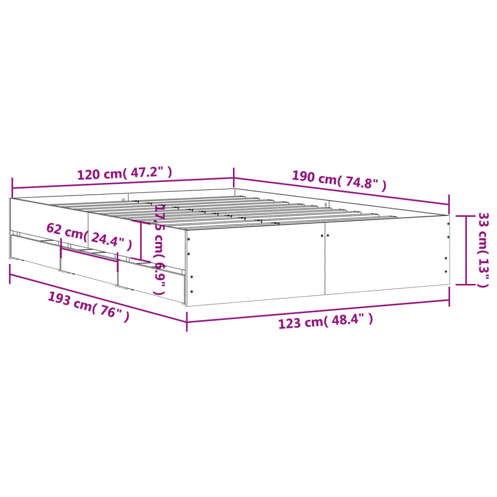 Bed Frame with Drawers without Mattress Black 120x190 cm Small Double