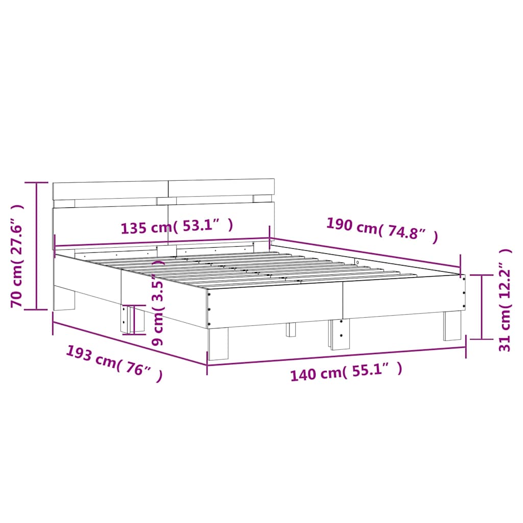 Bed Frame | Brown Oak | Engineered Wood | 135x190 cm Double | Modern