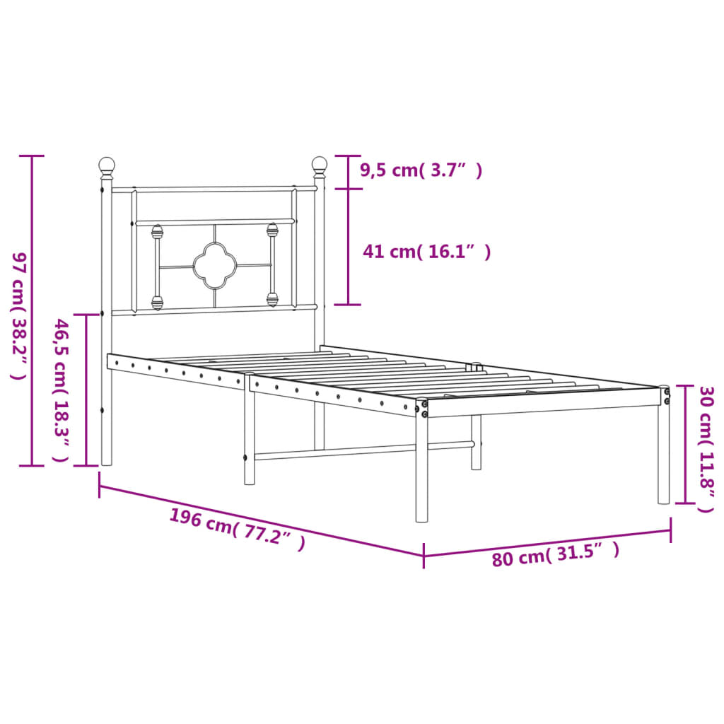Metal Bed Frame without Mattress with Headboard Black 75x190cm