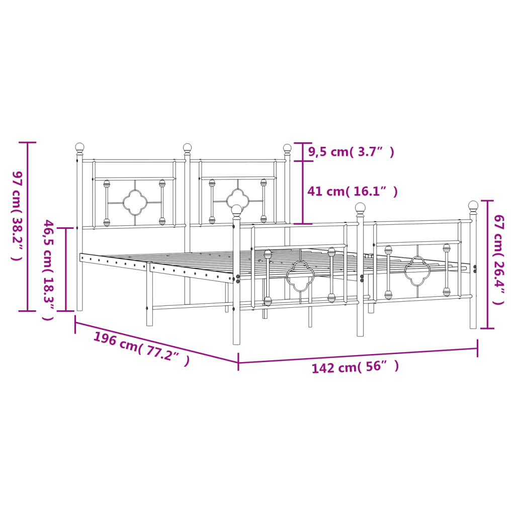 Metal Bed Frame without Mattress with Footboard Black 135x190cm